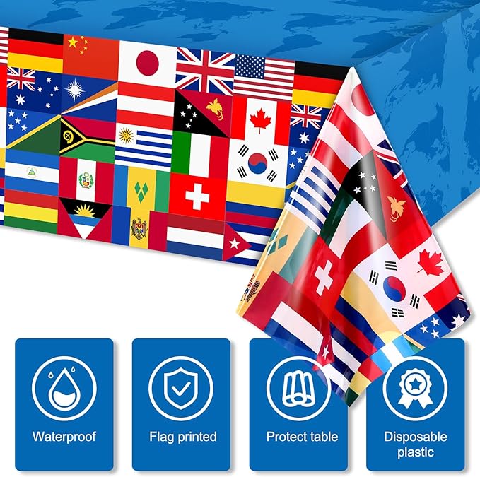 12 Pack International Flag Table Cover Patriotic Table Cloth World Country Flags Plastic Tablecloth for Festival Events Celebration Party Decorations Soccer Sports Beer Party, 108 x 54 Inch