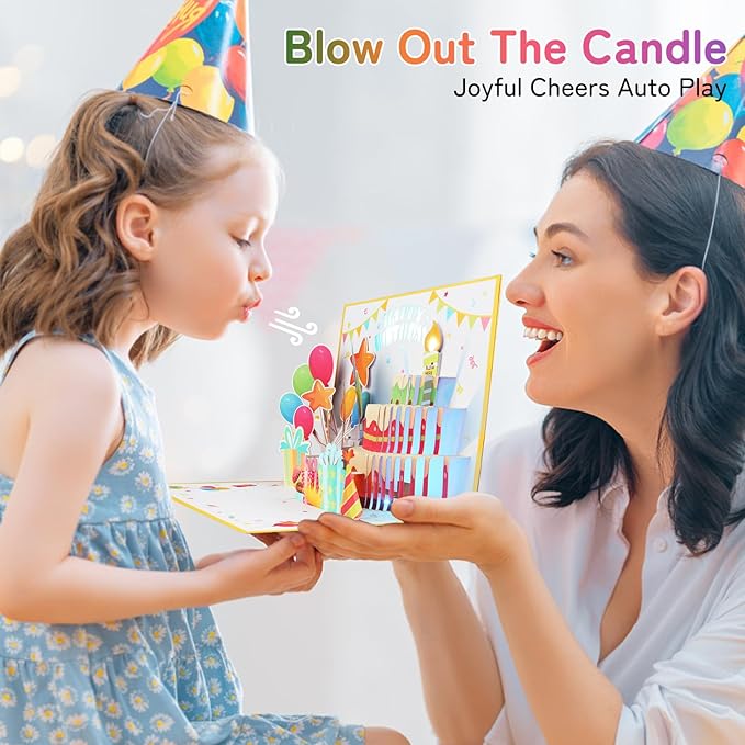 Birthday Cards Pop Up Cake with Blowable Candle Light, Music Happy Birthday Card Gifts for Men Women Kids Mom Grandma