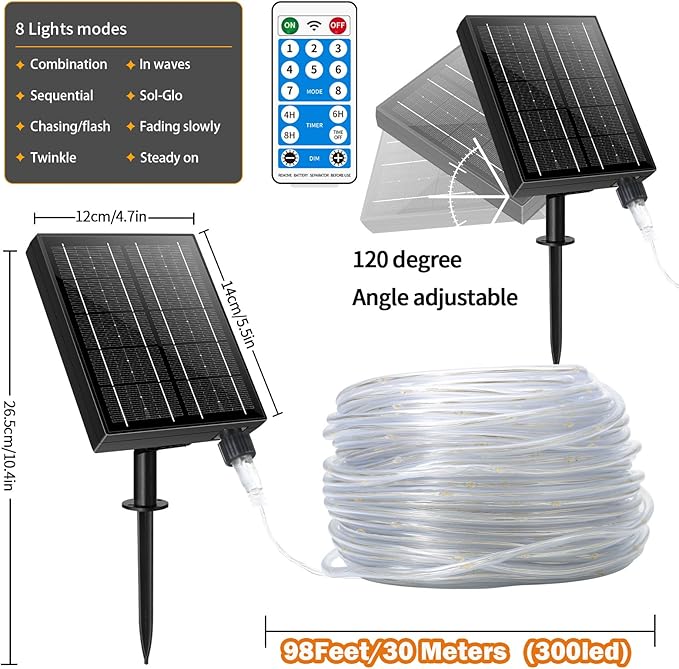 Solar Rope Lights 98FT Waterproof 300LEDs, Rechargeable Solar String Light with Remote Control,Outdoor Palm Tree Holiday Lights for Pathway Pool Patio Party Garden Yard Balcony (Multi Color)