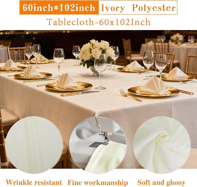 WIGENIUS 2 Pack Ivory Table Cloth Rectangle Tablecloths 60X102 Inch,Polyester Table Cloth for 6 Foot Rectangle Tables,Wrinkle Resistant Washable Fabric Table Covers for Party,Wedding Banquet