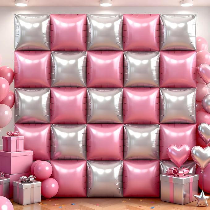 50Pcs Pink and Silver Square Foil Balloons Wall Backdrop, Double Sided Metallic Foil Balloons Tunnel Arch Garland Kit for Photo Booth Birthday Wedding Halloween Christmas Party Decorations