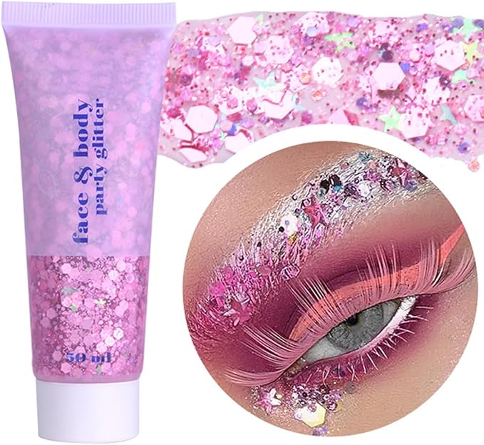 Pink Face Glitter Gel,Singer Concerts Music Festival Pink Out Accessories,Lover Heart Body Glitter Gel,Halloween Sequins Face Glitter Paint Makeup,Sparkling Hair Chunky Glitter for Women,50ML