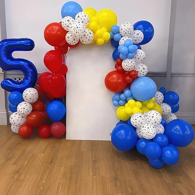 2nd Birthday Decorations for Boy, Dog Paw Second Birthday Balloons Arch with Red Blue Yellow Latex Balloons and Number 2 Balloon Star Foil Balloon for Paw Party Supplies