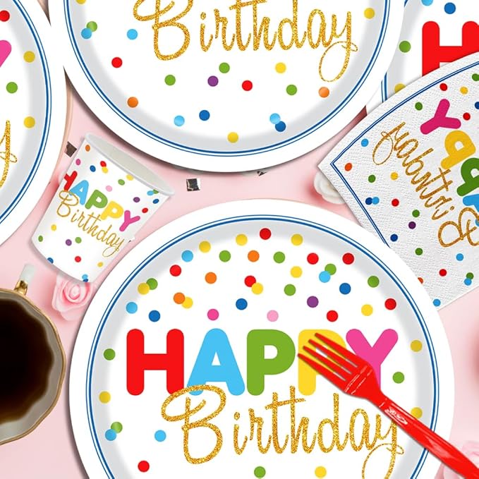 140pcs Happy Birthday Party Supplies Set with Colorful Polka Dots Design- Includes Disposable Paper Birthday Plates and Napkins, Cups,Dots Party Supplies Serves 20 Guests