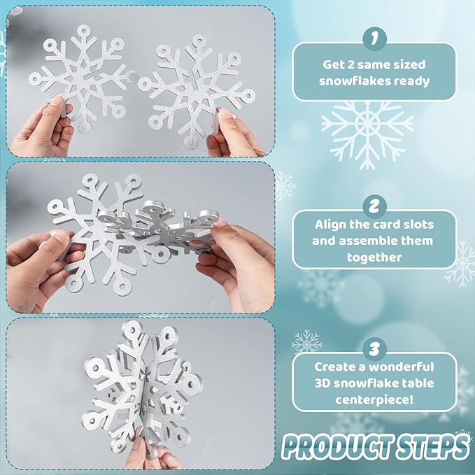 OuMuaMua Winter Christmas Centerpiece Table Decorations - 12pcs Wooden Snowflakes Decor 3D Silver White Snowflake Tabletop Decor for Xmas Holiday Tiered Tray Winter Farmhouse Decor