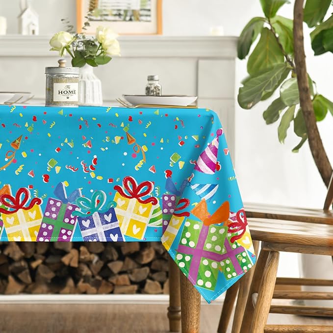 Horaldaily Birthday Tablecloth 60x60 Inch Square, Happy Birthday Ballon Blue Washable Seasonal Table Cover for Party Picnic Dinner Decor