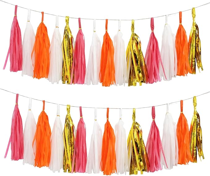 Shiny Tassel Garland Tissue Paper Tassel Banner,Tassels Decorations for Summer Luau Flamingo Girl,Wedding,Pumpkin Birthday Party,Bridal/Baby Shower,Pack of 20 (Hot Pink/Orange/Gold/White)