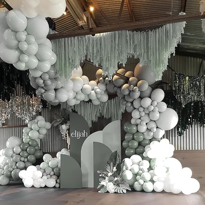 PartyWoo Dusty Green Balloons 140pcs Different Sizes Pack of 18 12 10 5 Inch Sage Olive Eucalyptus Green Boho Neutral Balloon Arch Kit for Jungle Woodland Theme Birthday Party Decorations Green-F59