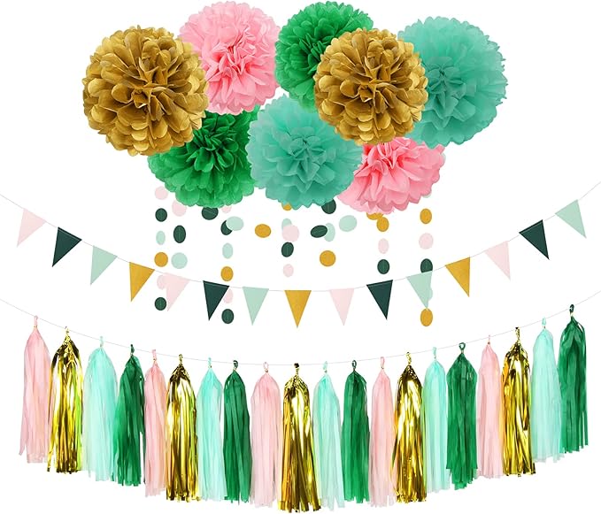 Sage-Green Pink-Gold Baby Bridal-Shower Decorations - 30pcs Rustic Wedding Tissue Pom Poms,Tassel Garland Banner,Birthday Bachelorette Engagement Valentines Mothers Day Party Decor Lasting Surprise