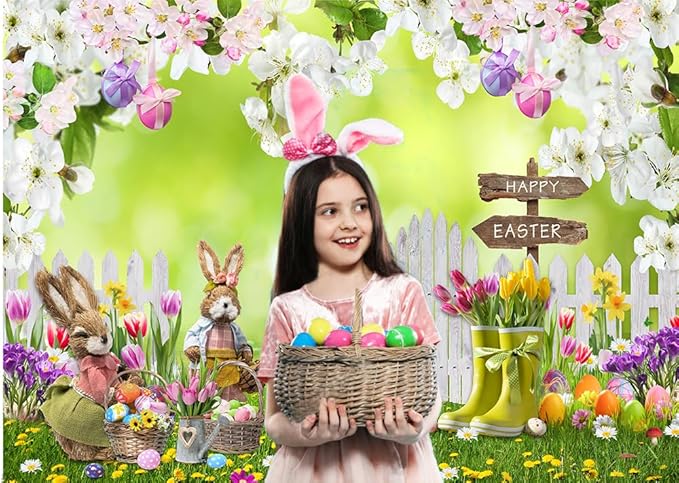CYLYH 7x5FT Easter Backdrop Spring Flowers Grass Backdrop Colored Egg Rabbit Backdrop for Easter Party Decoration Baby Shower