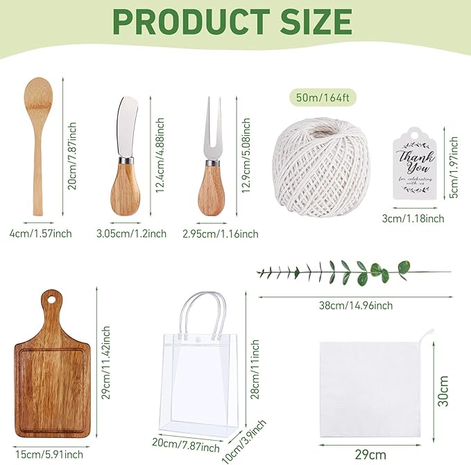 Baby Shower Prizes for Game Winners Bamboo Cheese Board Spoon Fork Butter Spreaders Plaid Towel Thank You Card and Gift Bags for Baby Shower Wedding Bridal Shower Favors (Acacia, 8 Sets)