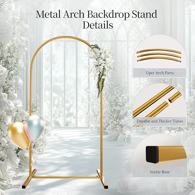 Metal Arch Backdrop Stand Set of 2, Heavy-Duty Balloons Arch Frame for Wedding Ceremony, Party, Baby Shower, Birthday Decorations (Gold, 7.2ft+6.6ft)