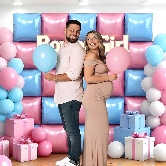 50Pcs Pink and Blue Square Foil Balloons Wall Backdrop, Double Sided Metallic Foil Balloons Tunnel Arch Garland Kit for Photo Booth Birthday Wedding Halloween Christmas Party Decorations