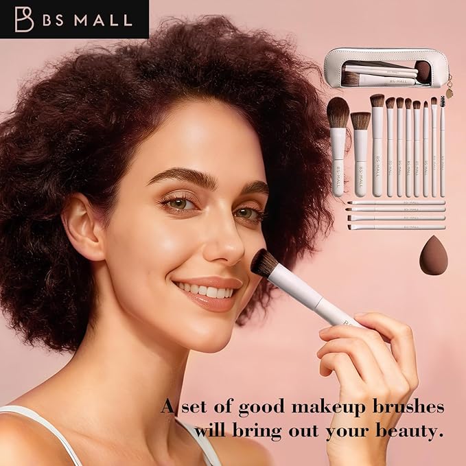 BS-MALL 14 Pcs Makeup Brushes Set with 1 Pcs Makeup Sponge – Essential Foundation Powder Concealers, Eye Shadows, Blush Makeup Brushes with Travel Makeup Case (Beige)