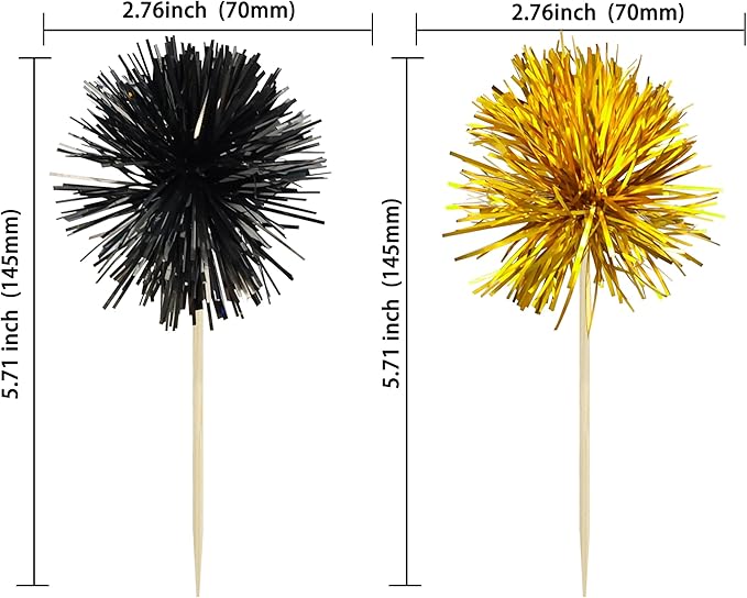 Gyufise 30Pcs Foil Firework Cupcake Toppers Sparkle Tinsel Cake Toppers Tinsel Drink Cake Decoration Cocktail Picks for Birthday Wedding Graduation Party Supplies Gold Black