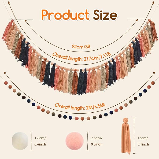 2pcs Longer Fall Tassel Garland, Pom Pom Tassel, Felt Ball Garland, Thanksgiving Wall Hanging Party Decorative Banner Pastel, Home Decoration Wedding Birthday Baby Shower