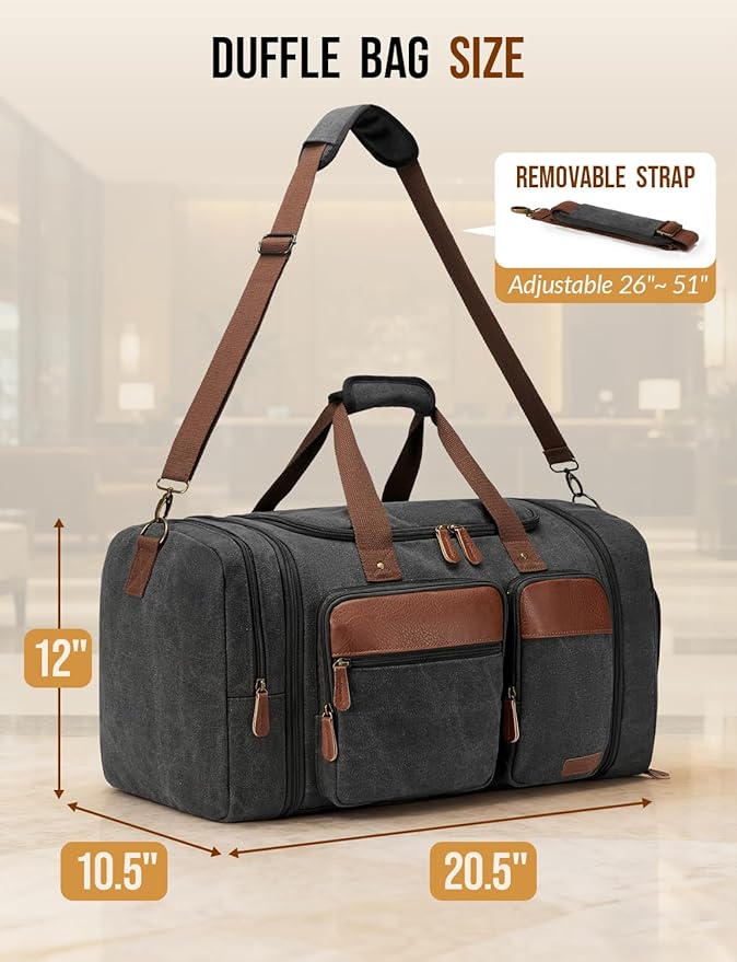 Canvas Duffle Bag for Travel 50L Expandable Travel Duffel Bags for Men Women Overnight Weekend Gym Bag with Shoes Compartment - Dark Grey