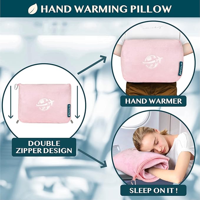PAVILIA Travel Blanket and Pillow, Arms Opening Airplane Blankets for Adults, Compact Plane Blanket with Arm Hole 2-in-1 Bag for Flight Car Camping Fit in Luggage Backpack Traveler Gift, Pink