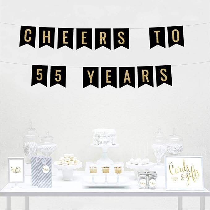 Andaz Press Faux Gold Glitter on Black Birthday Party Banner Decorations, Cheers to 55 Years, Approx 5-Feet, 1-Set, 55th Birthday Milestone Colored Hanging Pennant Decor