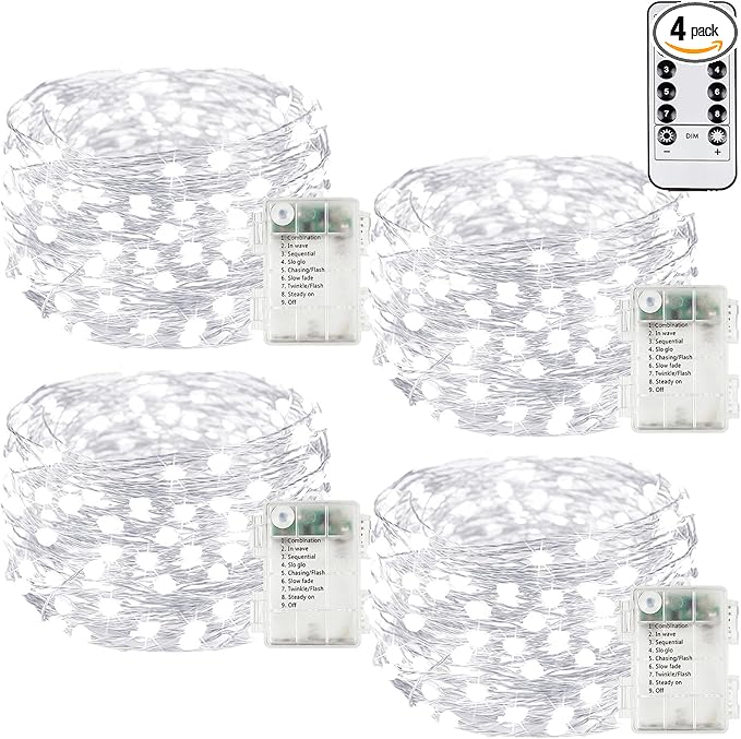 4Pack 80Ft 240LED Fairy Lights Battery Operated with Remote, Waterproof String Lights with Timer for Indoor & Outdoor, Twinkle Lights Battery Powered for Bedroom Christmas Decorations (Cool White)