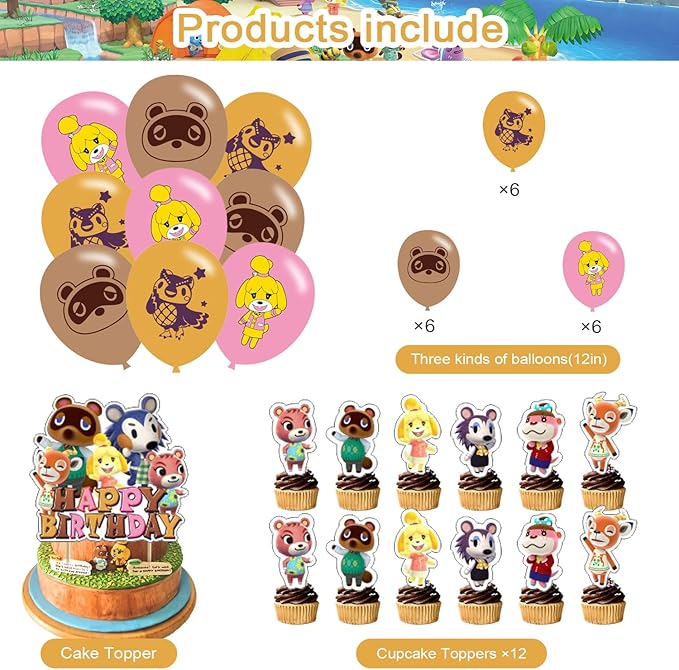 Animal Cross-ing Themed Birthday Party Supplies,Animal Game Balloons Decorations for New Horizons Party Happy Birthday Balloons, Cupcake Toppers, Cake Toppers