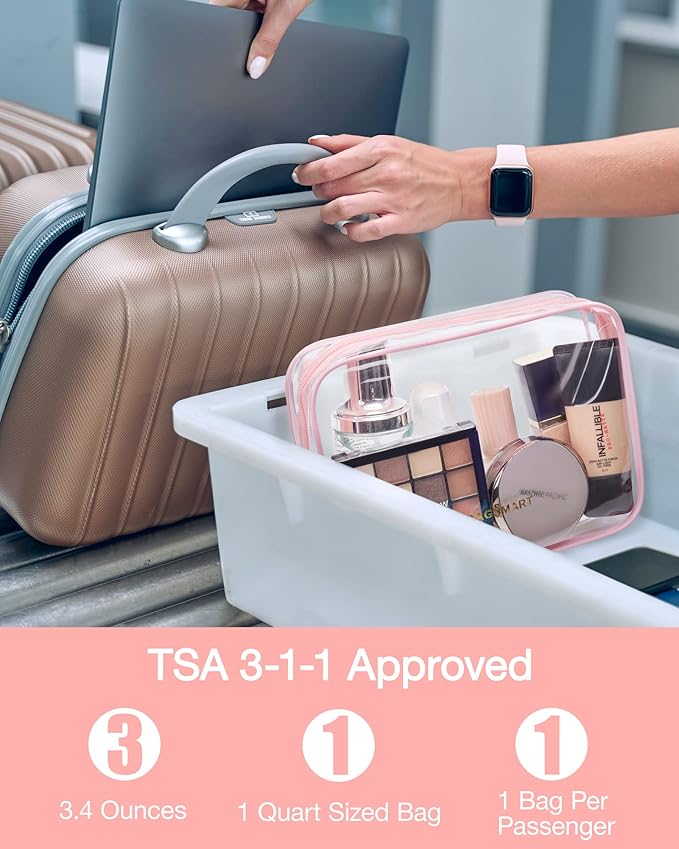 BAGSMART Clear Toiletry Bag, 2 Pack TSA Approved Carry on Travel Accessories Bag Airport Airline Quart Size Bags Water Repellent Makeup Cosmetic Bag for Women (Pink-2pcs)