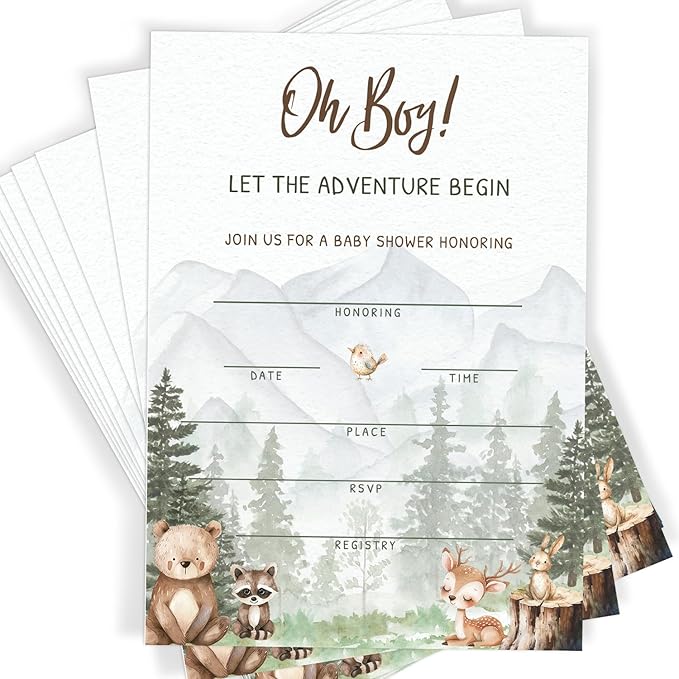 Printed Party Woodland Adventure Baby Shower Invitations – 30 Invites with Envelopes, Forest Animal Theme for Boy