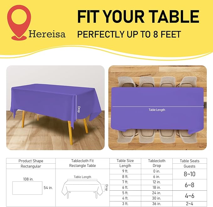 Purple Plastic Tablecloths 2 Pack Disposable Table Covers 54 x 108 Inch Bridal Party Tablecovers PEVA Violet Table Cloths for Picnic Birthday Wedding Banquet Parties 8 ft Rectangle Table Use