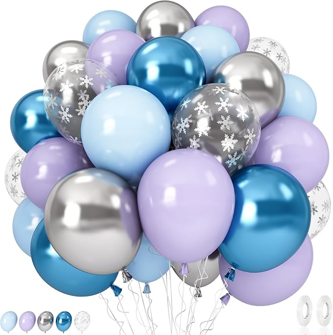 Winter Wonderland Balloons, 60PCS Light Baby Purple Blue Balloons, Metallic Blue Silver Snowflakes Confetti Balloon for Princess Ice Snow Wonderland Baby Shower Christmas Birthday Party Decorations