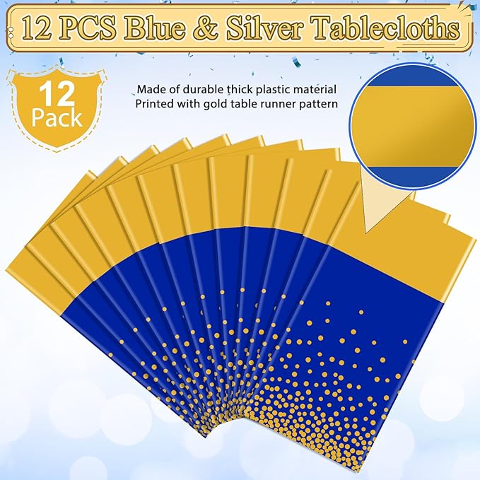 12Pcs Blue Gold Tablecloth Party Decorations,Plastic Royal Blue Table Cloth Printed Gold Tables Runner Disposable Rectangle Table Cover for Birthday Anniversary Wedding Graduation Party,54 x108 Inch