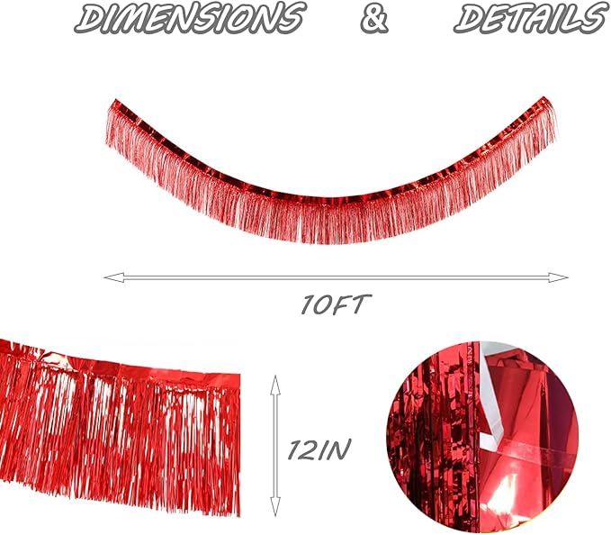 Red Foil Fringe Garland 10FT 2packs, Metallic Foil Tinsel Fringe Banners for Parade Float Decorations Wedding, Birthday Party Graduation (Two Red)