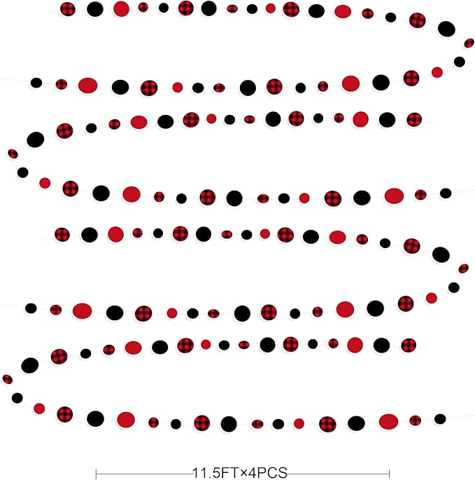 46Ft Buffalo Plaid Polka Dot Garlands Black Red Checkered Paper Circle Dot Streamer Banner for Baby Shower Bridal Shower Birthday Bachelorette Christmas Holiday Halloween Party Decorations Supplies