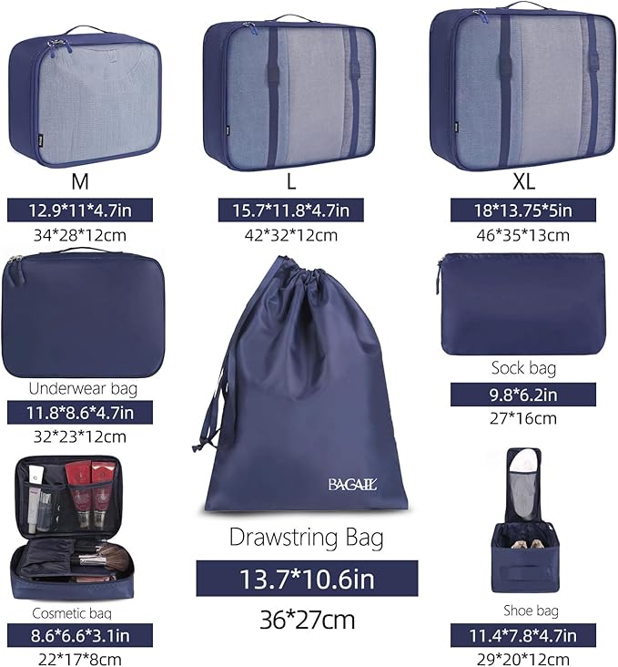BAGAIL 8 Set Packing Cubes Luggage Packing Organizers for Travel Accessories-Indigo