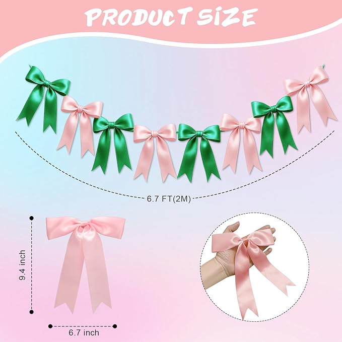 1 String of 8PCS Pink&Green Bow Garland Banner Wicked Party Decoration,Pre-Strung Satin Ribbon Ornaments for Birthday,Bachelorette Party,Wedding,Engagement,Baby Shower,Graduation Decor,Anniversary