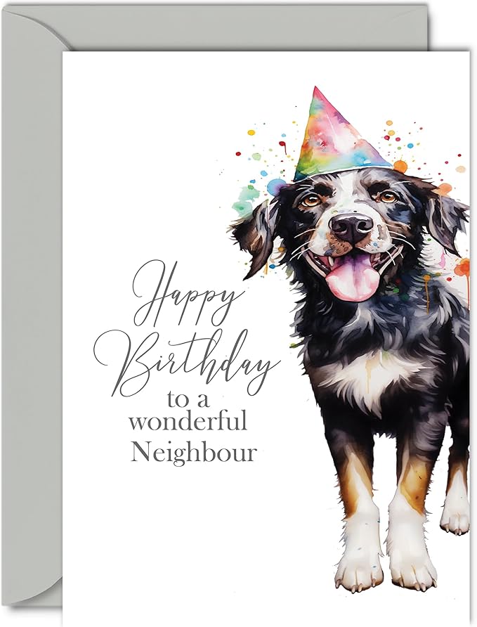 Birthday Cards for Neighbour - Party Hat Dog - Happy Birthday Card for Neighbour from Friend Family, A5 Bday Gifts Greeting Cards for Women Men Him Her