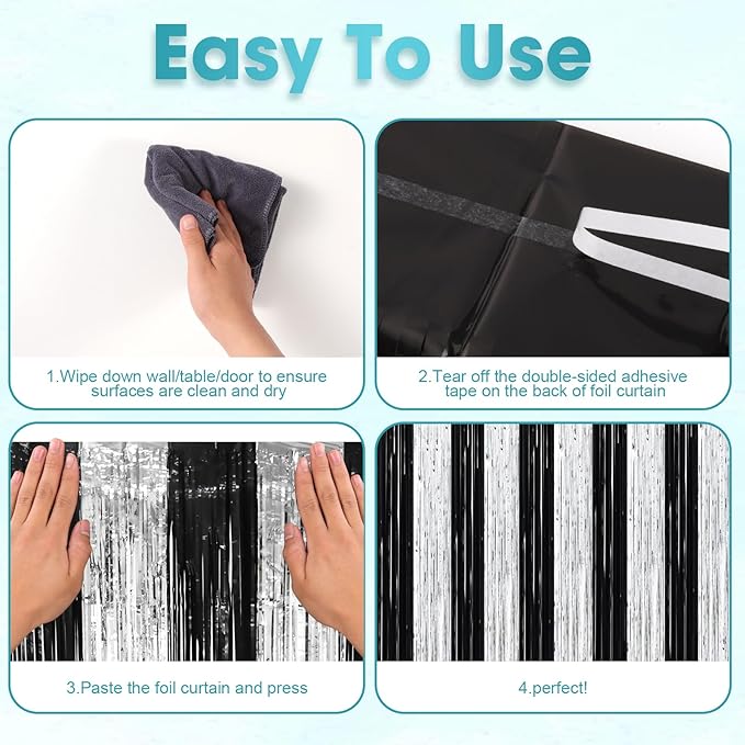 2 Pack Black and Silver Tinsel Foil Fringe Curtains, Black White Party Decorations, Metallic Tinsel Party Streamers Backdrop for New Years Birthday Christmas Graduation Decorations