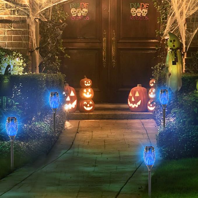 EOYIZW Solar Lights Outdoor, 12 Pack Blue Solar Torch Light with Flickering Flame, 12 LED Tiki Torches for Outside Lights Waterproof Landscape Easter Decoration Outdoor for Garden Yard