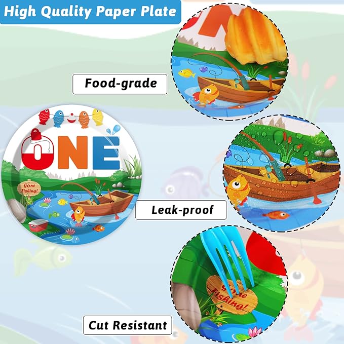 96 Pcs Ofishally One Birthday Party Paper Plate and Napkins Gone Fishing 1st Party Party Decorations Little Fisherman Tableware Set Disposable The Big One Birthday Supplies for Party Favors 24 Guests