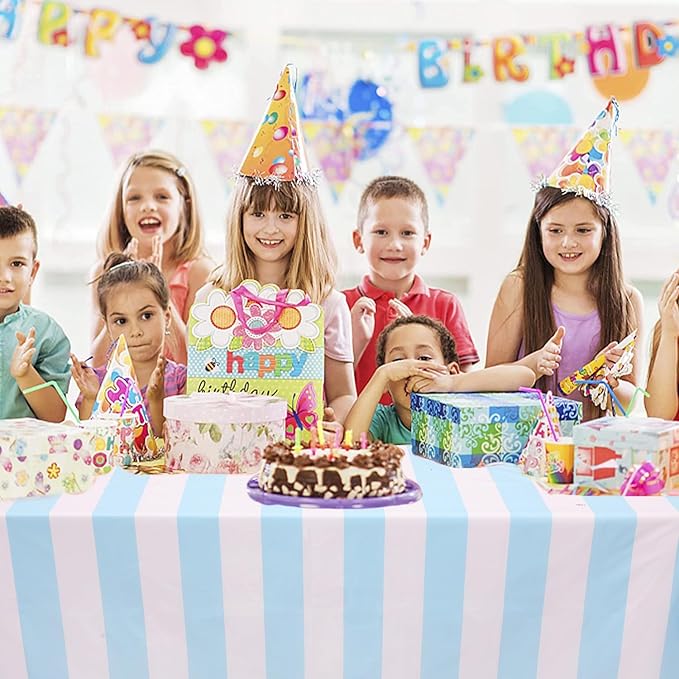 Kesfey 6 Packs Light Blue and White Striped Table Cloth 54 x 108 Inches Bluey Stripe Table Cover Disposable Plastic Beach Tablecloths Waterproof Rectangle Picnic Tablecover for Pool Birthday Party