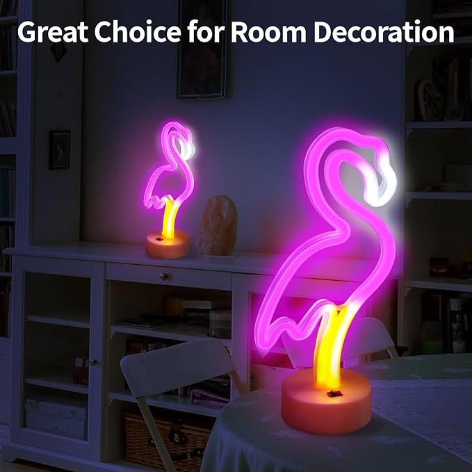 BRIGHTDECK 2 Pack Flamingo Neon Signs, LED Pink Flamingo Neon Sign Battery Operated or USB Powered Decoration Lamp, Flamingo Lights Decor for Bedroom, Wedding, Party, Pink Room Decor