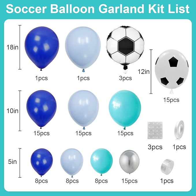 Soccer Balloon Arch Garland Kit, Royal Blue White Teal Blue Balloons Decorations with Soccer Foil Balloons for Men Women Teen Kids Soccer Football Theme Birthday Party Decor Supplies