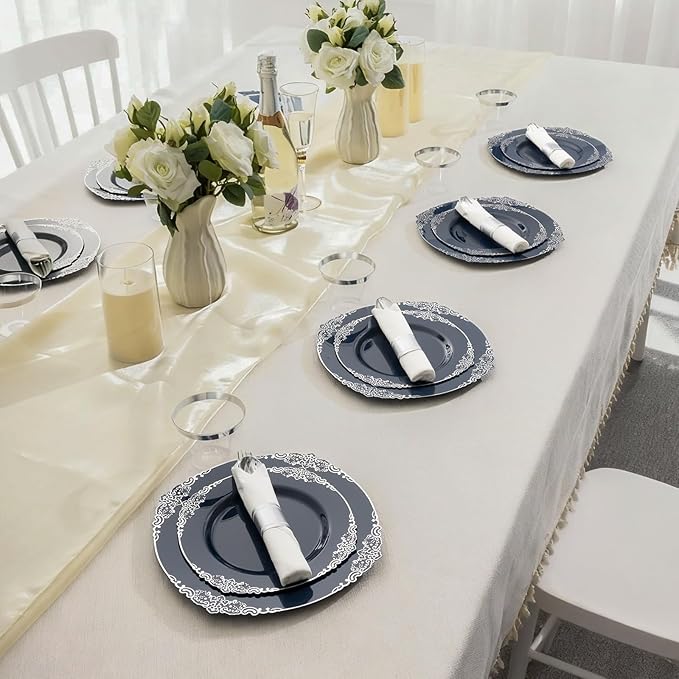 175PCS Navy Blue Plates for 25 Guests, Disposable Dinnerware Sets Include 50 Plastic Plates, 25 Silverwares, 25 Cups, and 25 Pre Rolled Napkins for Party, Wedding and Graduation