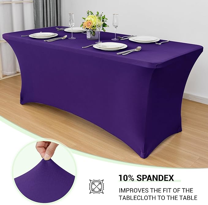 Obstal 6ft Spandex Table Cover for Standard Folding Tables - 2 Pack- Rectangular Fitted Tablecloth for Halloween Party Holiday Decorations, 72L x 30W x 30H Inches, Dark Purple