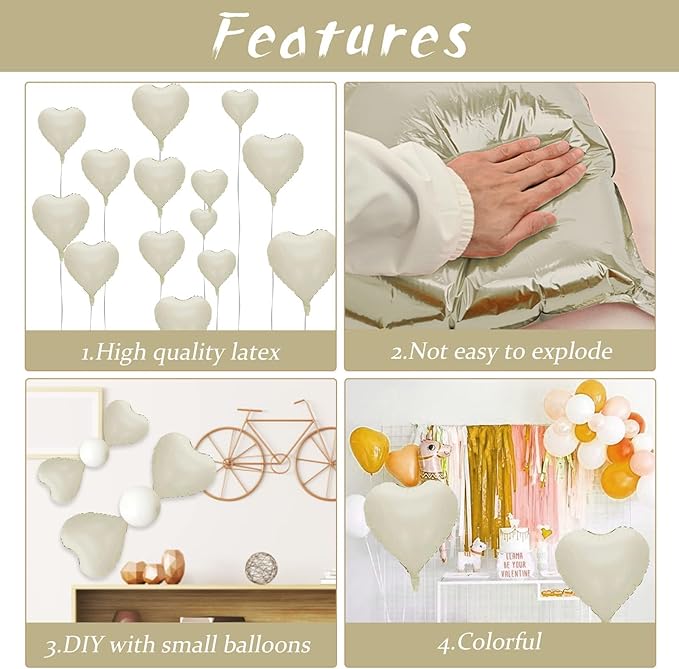 Cream Heart Balloons, 10PCS Cream White Foil Heart Shape Balloons, 18inch Beige Foil Valentine Balloons for Helium Nude Neutral Love Balloon for Valentines Day, White Wedding, Brithday Decorations