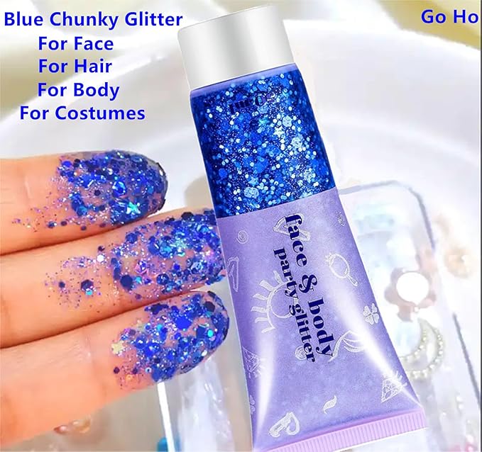 Go Ho Blue Face Body Glitter,Halloween Blue Face Paint Sparkling Mermaid Glitter Gel,Holographic Chunky Sequins Glitters for Eye Lip Hair Nails,Festival Rave Accessories