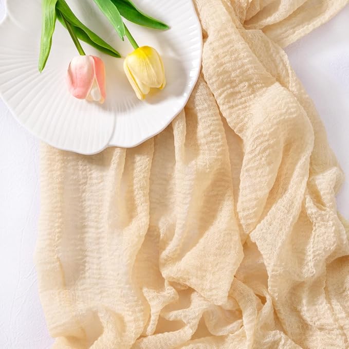 Socomi Beige Cheesecloth Table Runner Easter Spring Gauze 120 Inch Rustic Boho Cheese Cloth Runner for Wedding Party Baby Bridal Shower Centerpiece Decoration Holiday Home Decorations
