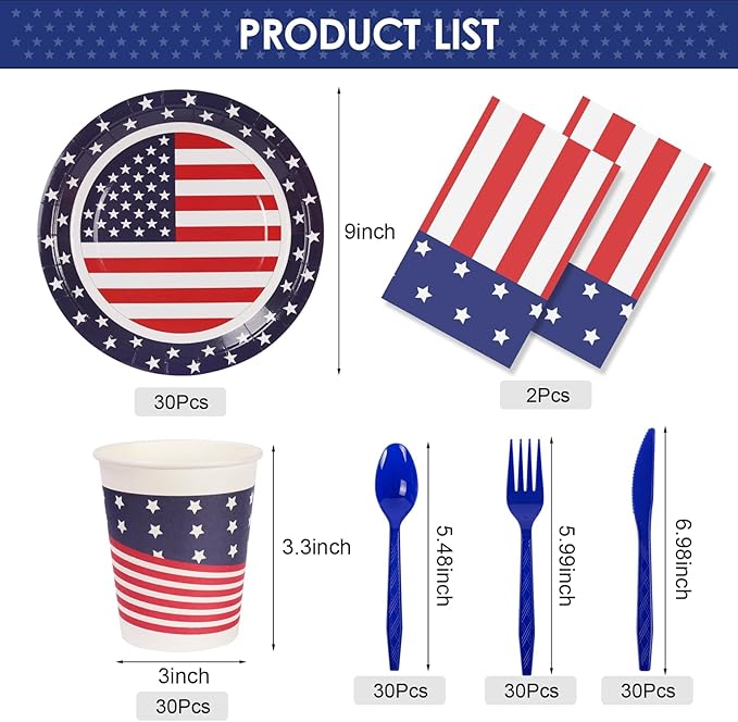 Childom Patriotic Party Supplies,152Pcs American Flag Themed Party Set,Patriotic Party Decorations,American Flag Tablecloth,4th of July Plates Cups,Red White and Blue Decor for Outside,Picnic,Memorial