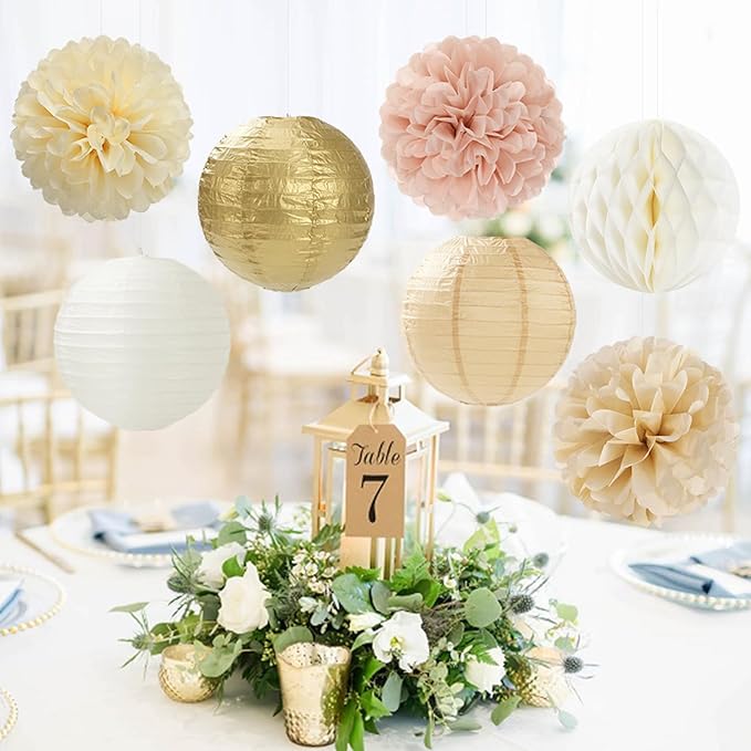 Champagne Gold Beige Paper Flowers Tissue Pom Poms Honeycomb Lanterns 15pcs Party Decorations Boho Fall Rustic Birthday Baby Bridal Shower Neutral Autumn Wedding Bridal Hanging Decor Mprocherify