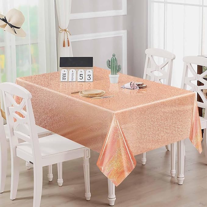 1 Pack Rose Gold Iridescent Plastic Tablecloth Disposable 54 × 108 Inch Glitter Holographic Foil Table Cloth Plastic Laser Rectangle Table Cover for Birthday Wedding Disco Party