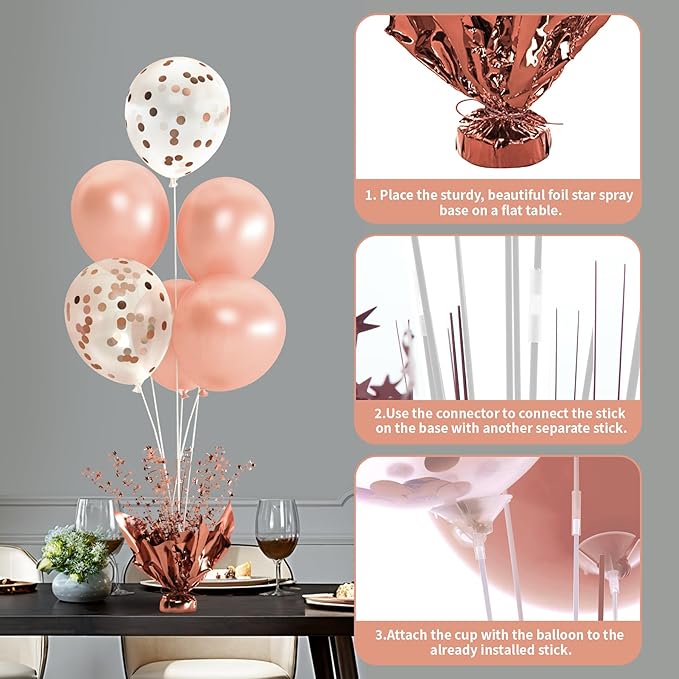 6 Set Rose Gold Christmas Table Balloons Foil Spray Table Centerpiece with Rose Gold and Confetti Balloons Stand Kit for Birthday Party Baby Shower Wedding Bridal Shower Prom Cake Table Decorations